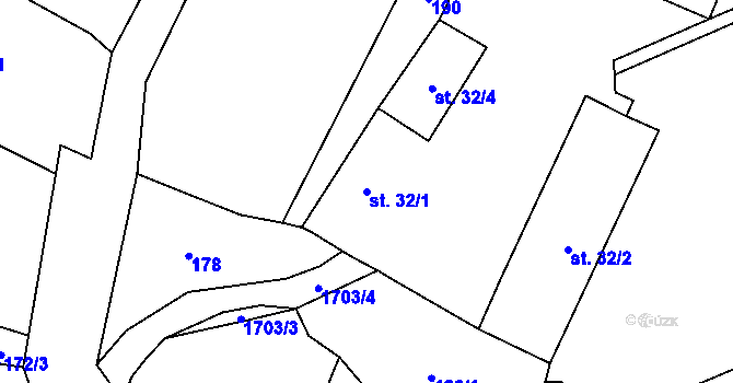 Parcela st. 32/1 v KÚ Pořežany, Katastrální mapa