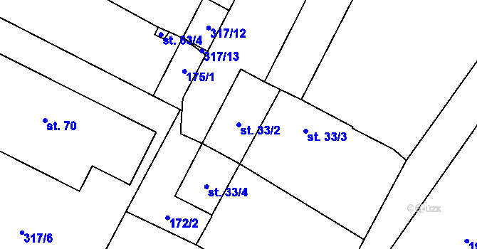 Parcela st. 33/2 v KÚ Pořežany, Katastrální mapa