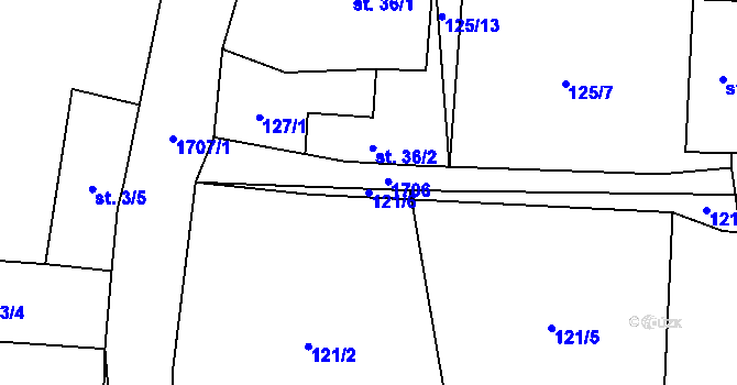 Parcela st. 121/6 v KÚ Pořežany, Katastrální mapa