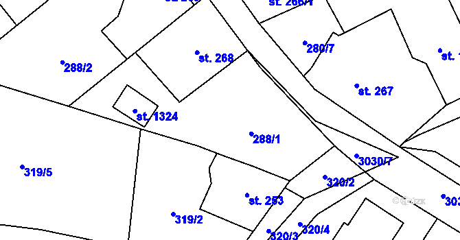 Parcela st. 288/1 v KÚ Poříčí nad Sázavou, Katastrální mapa