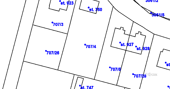 Parcela st. 707/4 v KÚ Poříčí nad Sázavou, Katastrální mapa