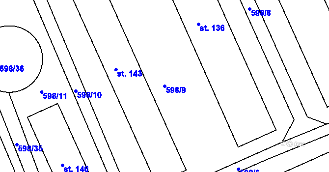 Parcela st. 598/9 v KÚ Pořín, Katastrální mapa