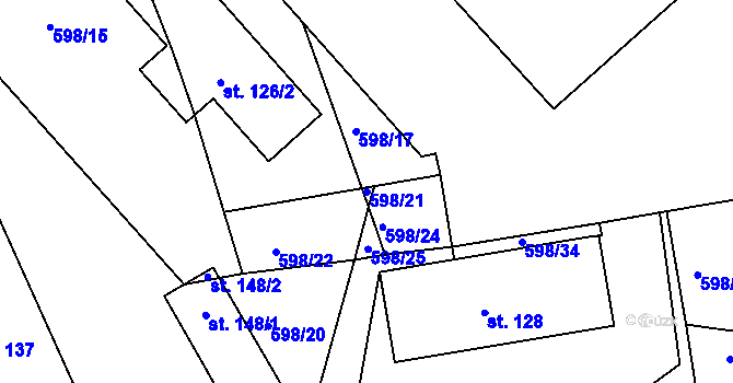 Parcela st. 598/21 v KÚ Pořín, Katastrální mapa