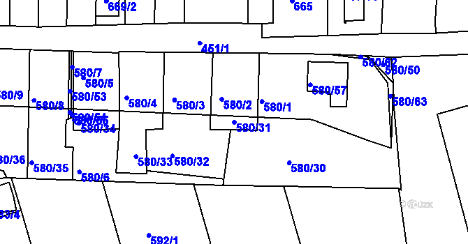 Parcela st. 580/31 v KÚ Postoloprty, Katastrální mapa