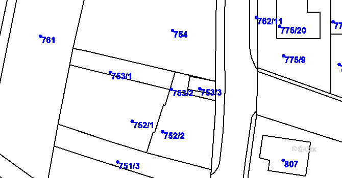 Parcela st. 753/2 v KÚ Postoloprty, Katastrální mapa