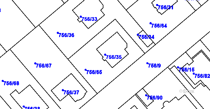 Parcela st. 756/35 v KÚ Postoloprty, Katastrální mapa