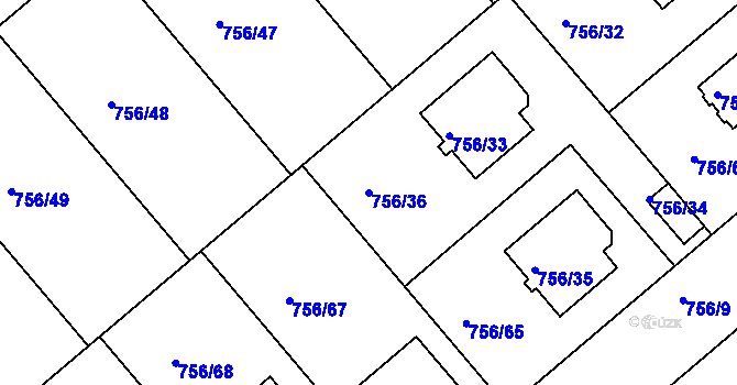 Parcela st. 756/36 v KÚ Postoloprty, Katastrální mapa