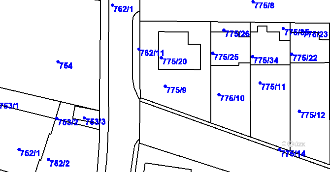 Parcela st. 775/9 v KÚ Postoloprty, Katastrální mapa