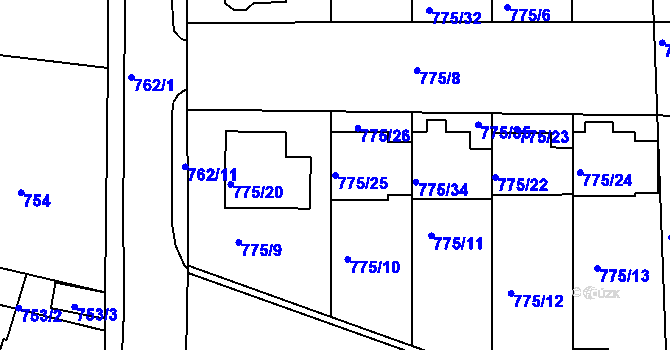 Parcela st. 775/25 v KÚ Postoloprty, Katastrální mapa