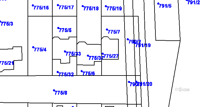 Parcela st. 775/27 v KÚ Postoloprty, Katastrální mapa