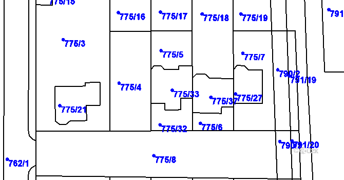 Parcela st. 775/33 v KÚ Postoloprty, Katastrální mapa