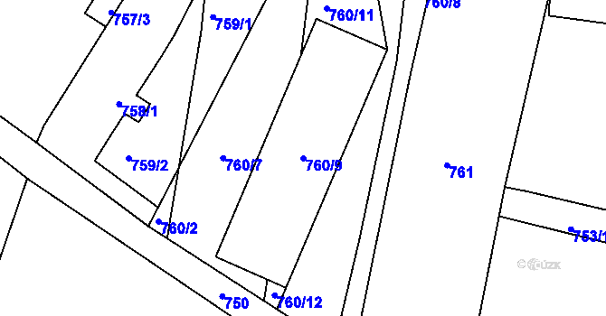 Parcela st. 760/9 v KÚ Postoloprty, Katastrální mapa