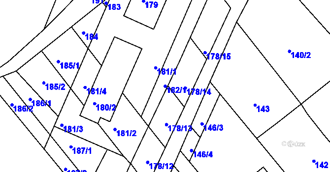 Parcela st. 182/1 v KÚ Miňůvky, Katastrální mapa