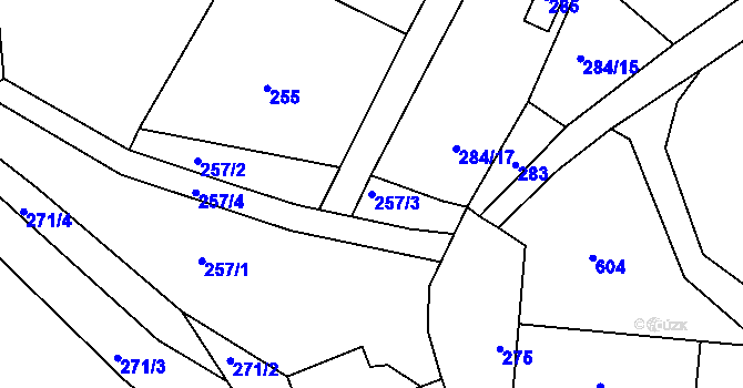 Parcela st. 257/3 v KÚ Miňůvky, Katastrální mapa