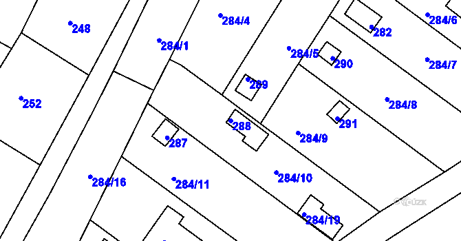 Parcela st. 288 v KÚ Miňůvky, Katastrální mapa