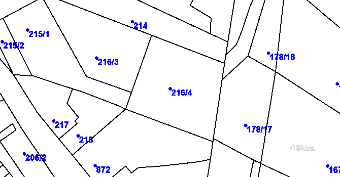 Parcela st. 216/4 v KÚ Miňůvky, Katastrální mapa