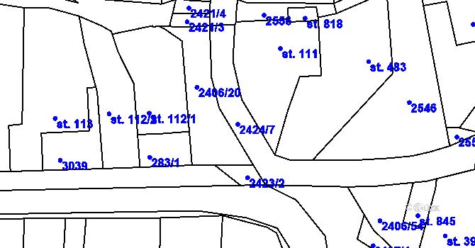 Parcela st. 2424/7 v KÚ Postřekov, Katastrální mapa