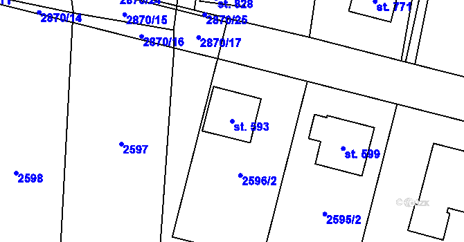 Parcela st. 593 v KÚ Postřekov, Katastrální mapa