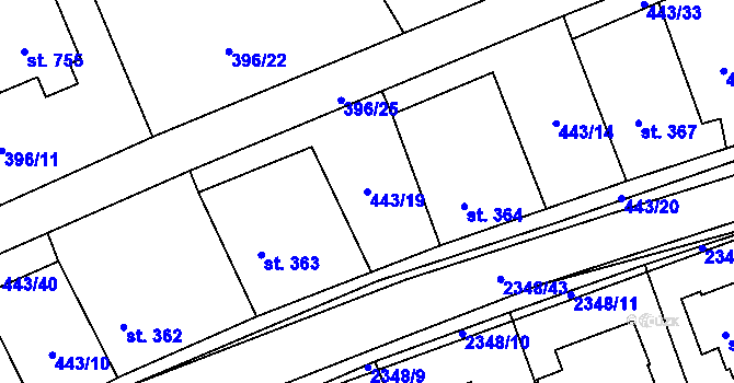 Parcela st. 443/19 v KÚ Postřekov, Katastrální mapa