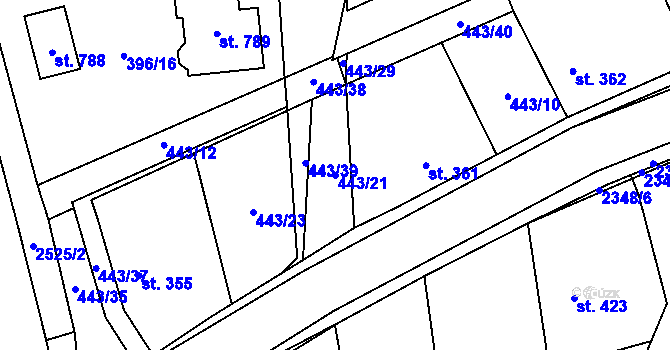 Parcela st. 443/21 v KÚ Postřekov, Katastrální mapa