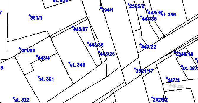 Parcela st. 443/25 v KÚ Postřekov, Katastrální mapa