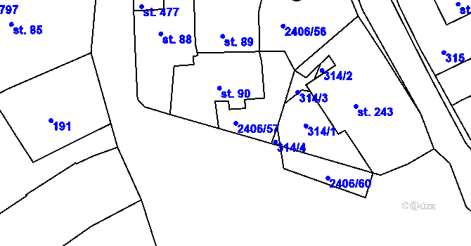 Parcela st. 2406/57 v KÚ Postřekov, Katastrální mapa