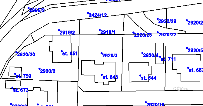Parcela st. 2920/3 v KÚ Postřekov, Katastrální mapa