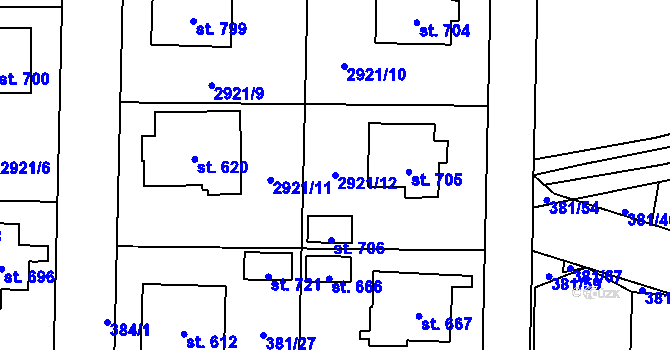 Parcela st. 2921/12 v KÚ Postřekov, Katastrální mapa