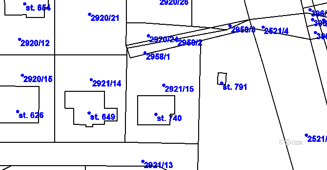 Parcela st. 2921/15 v KÚ Postřekov, Katastrální mapa