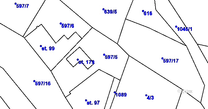 Parcela st. 597/5 v KÚ Postřelmůvek, Katastrální mapa