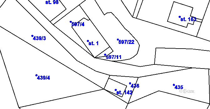 Parcela st. 597/11 v KÚ Postřelmůvek, Katastrální mapa