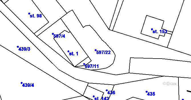 Parcela st. 597/22 v KÚ Postřelmůvek, Katastrální mapa