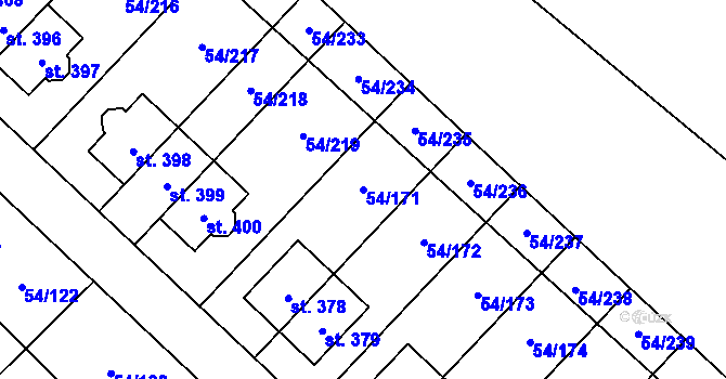Parcela st. 54/171 v KÚ Postřižín, Katastrální mapa