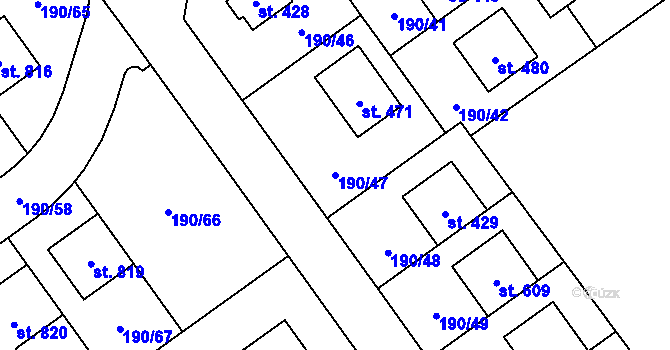Parcela st. 190/47 v KÚ Postřižín, Katastrální mapa