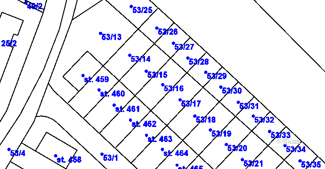 Parcela st. 53/16 v KÚ Postřižín, Katastrální mapa