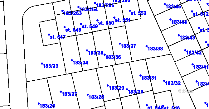 Parcela st. 183/36 v KÚ Postřižín, Katastrální mapa