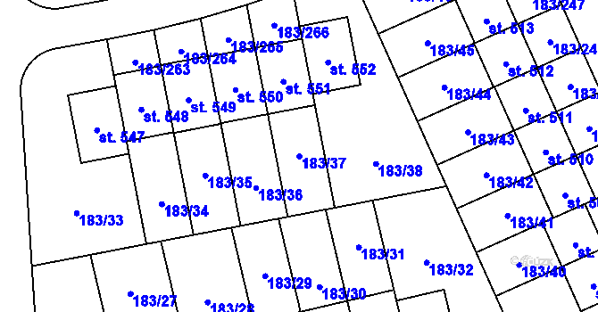Parcela st. 183/37 v KÚ Postřižín, Katastrální mapa
