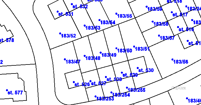Parcela st. 183/49 v KÚ Postřižín, Katastrální mapa