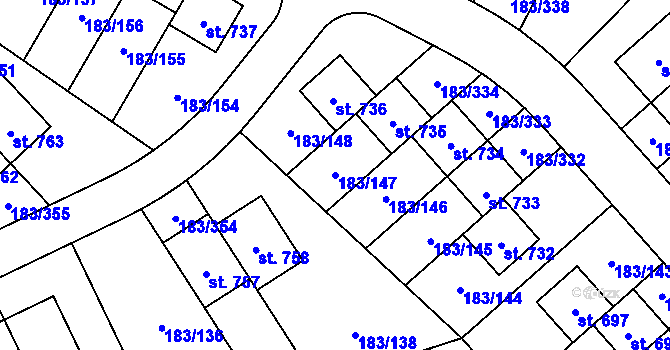 Parcela st. 183/147 v KÚ Postřižín, Katastrální mapa