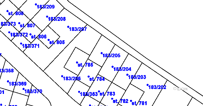 Parcela st. 183/205 v KÚ Postřižín, Katastrální mapa