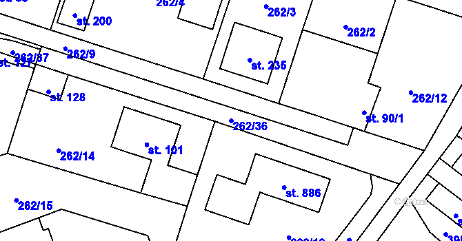 Parcela st. 262/36 v KÚ Postřižín, Katastrální mapa