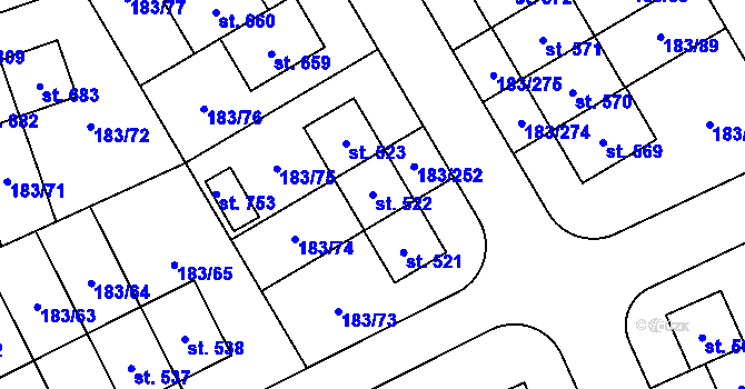 Parcela st. 522 v KÚ Postřižín, Katastrální mapa