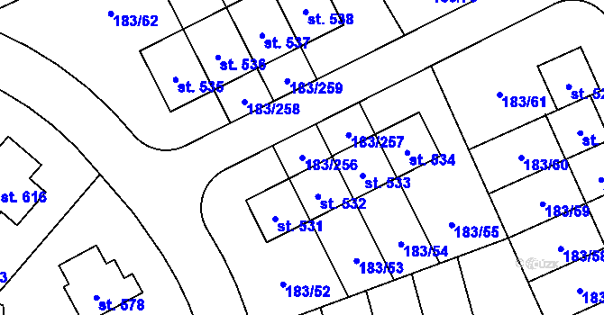Parcela st. 183/256 v KÚ Postřižín, Katastrální mapa