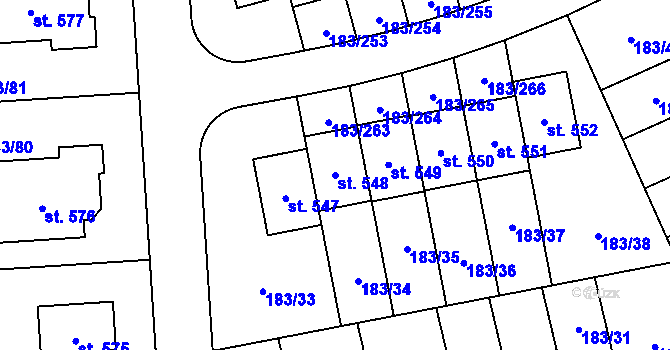 Parcela st. 548 v KÚ Postřižín, Katastrální mapa