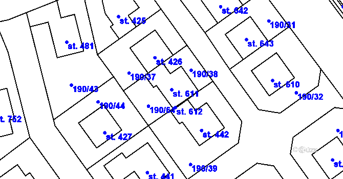Parcela st. 611 v KÚ Postřižín, Katastrální mapa