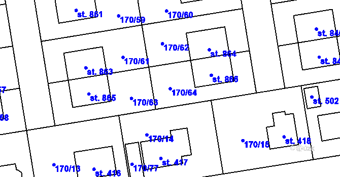 Parcela st. 170/64 v KÚ Postřižín, Katastrální mapa