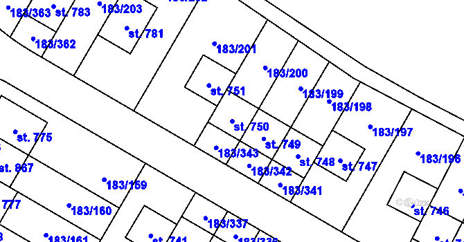 Parcela st. 750 v KÚ Postřižín, Katastrální mapa