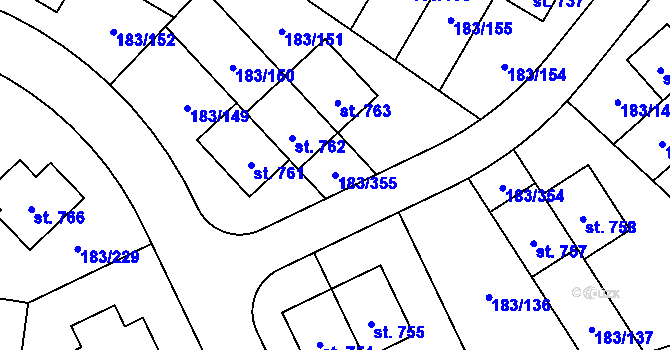Parcela st. 183/355 v KÚ Postřižín, Katastrální mapa