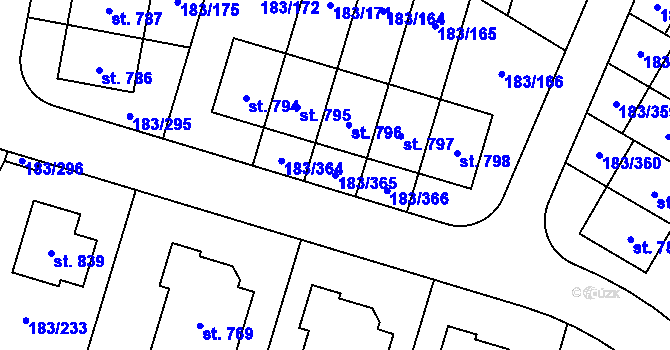 Parcela st. 183/365 v KÚ Postřižín, Katastrální mapa