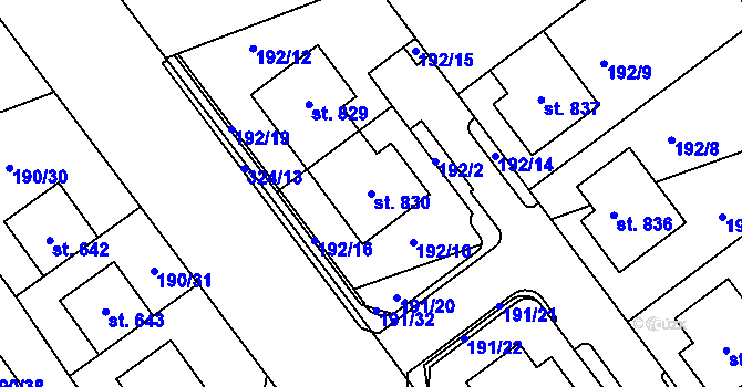 Parcela st. 830 v KÚ Postřižín, Katastrální mapa